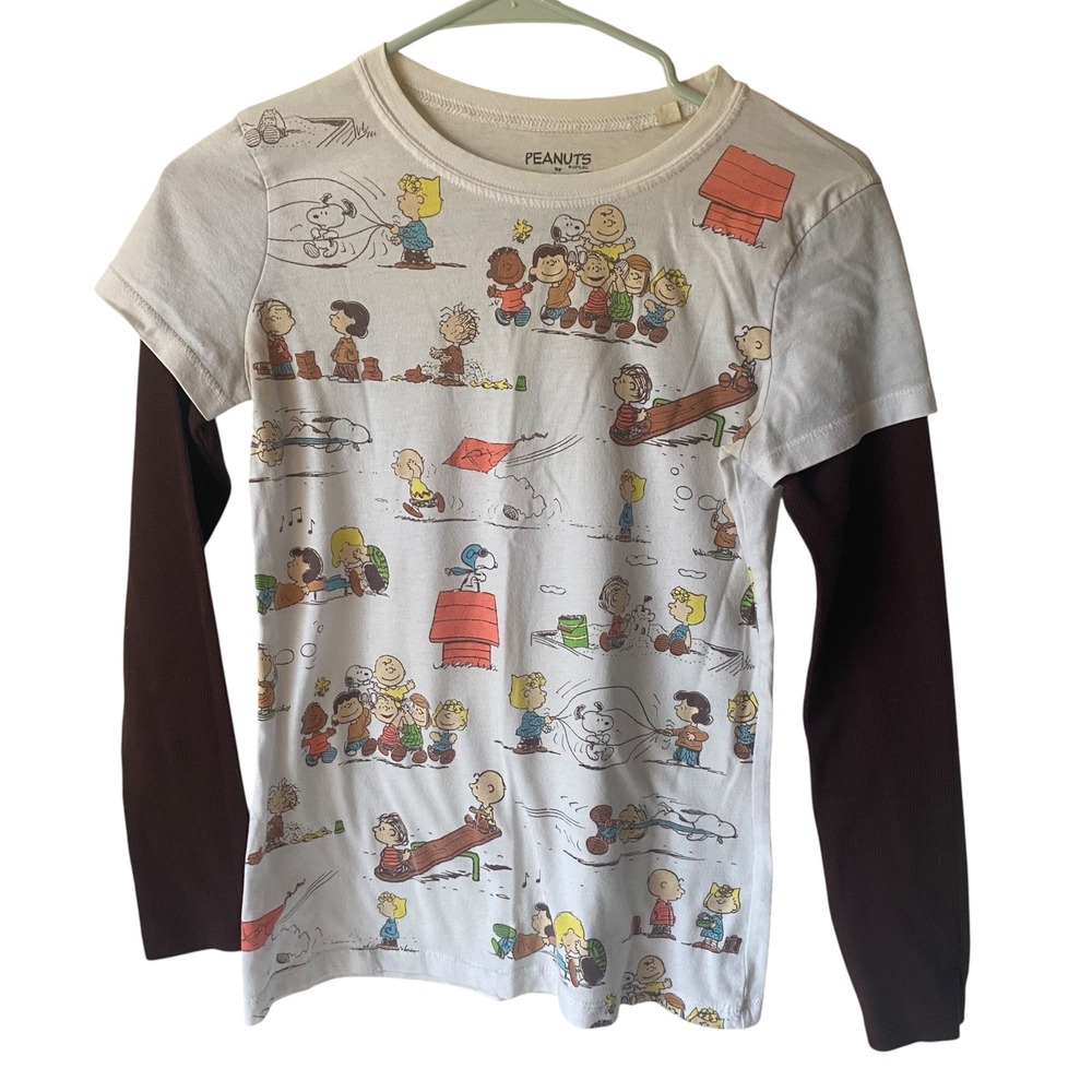 Peanuts Charlie Brown Snoopy Twofer Long Sleeve Graphic Tee Waffle Knit Kids M